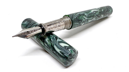 Green & White Resin | Artemis Faux Damascus Steel Fountain Pen
