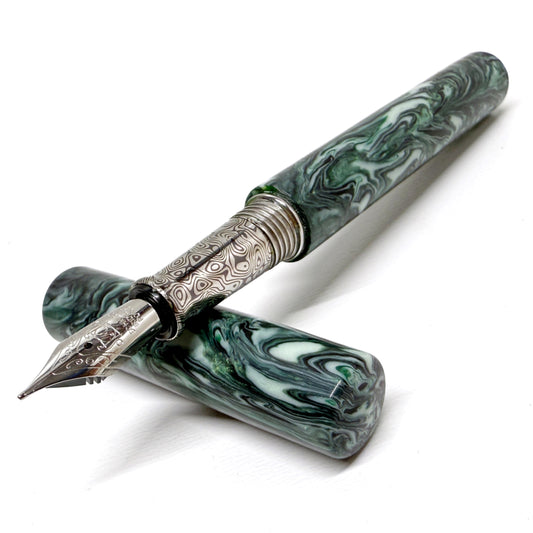 Green & White Resin | Artemis Faux Damascus Steel Fountain Pen