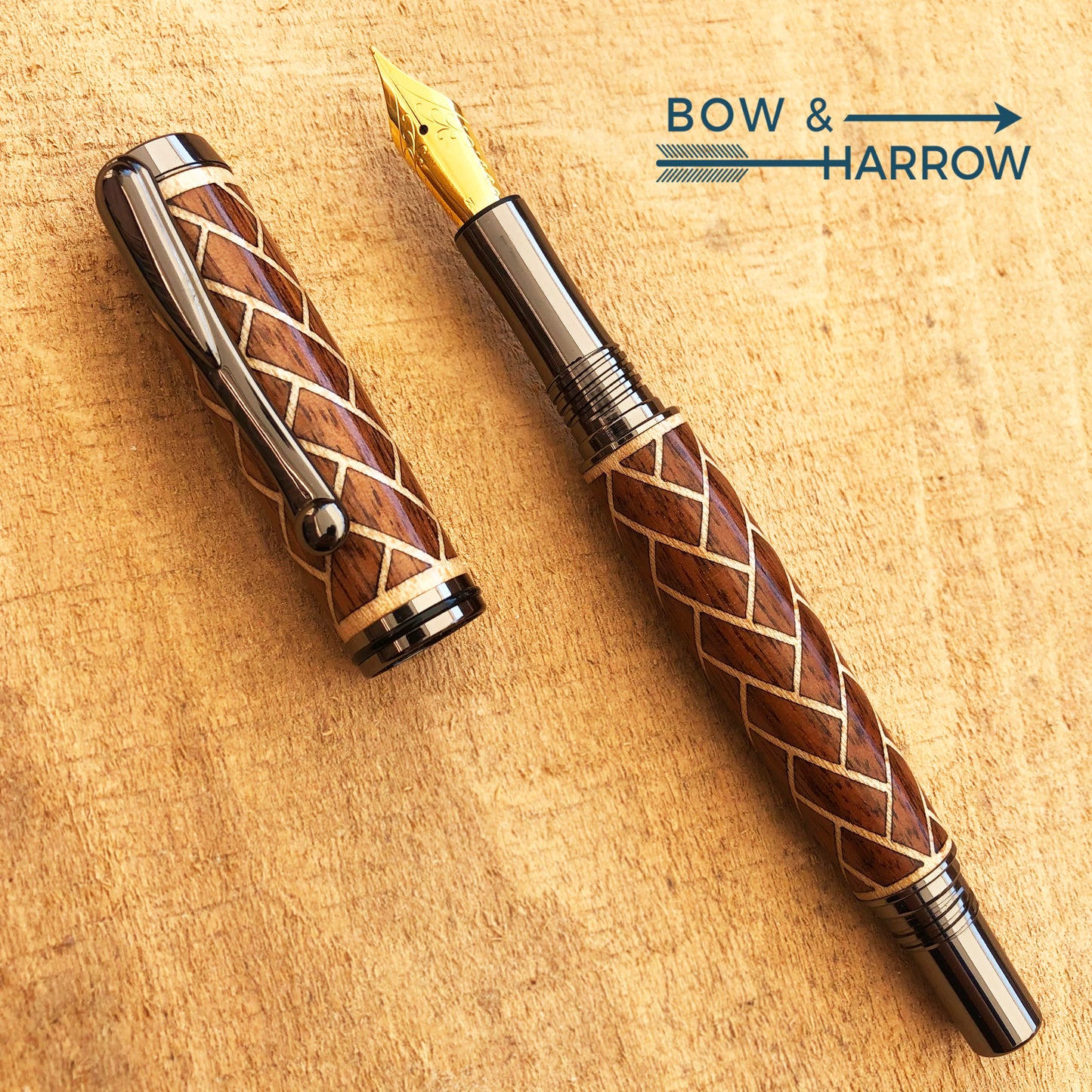Walnut & Maple Herringbone | Gun Metal Clooney Fountain Pen